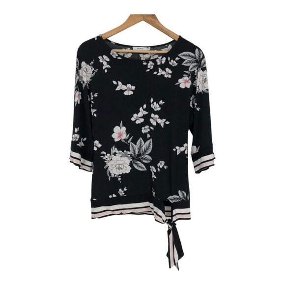 Rickis Black floral Kimono style half sleeve side knot boatneck  blouse XS - Picture 3 of 16